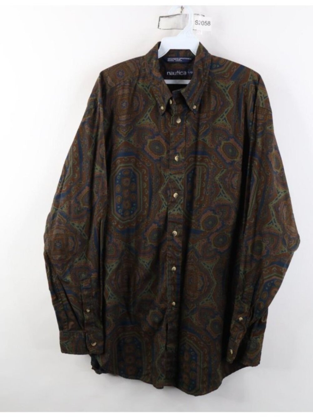Vtg 90s Nautica Mens Large Faded Tapestry Geometric Collared Button Down Shirt